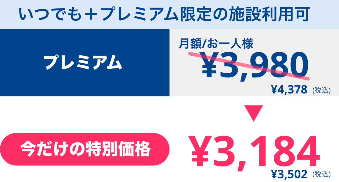 プレミアム(いつでも＋プレミアム限定の施設利用可) ¥3.582(税込)